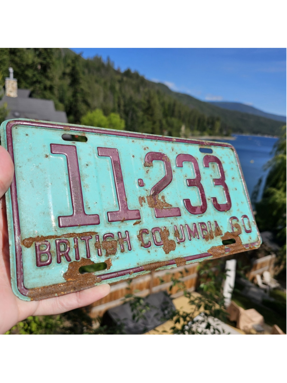 1960 British Columbia Turquoise License Plate 11-233 Vintage BC Canada Patina